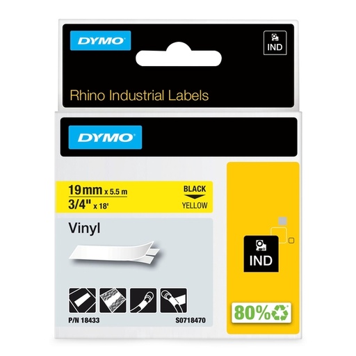 [930866] Ruban Dymo Rhino Industriel vinyle 19mmx5,5m noir sur jaune