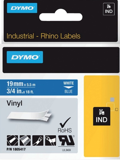 [930876] Labeltape Dymo Rhino industrieel vinyl 19mm wit op blauw