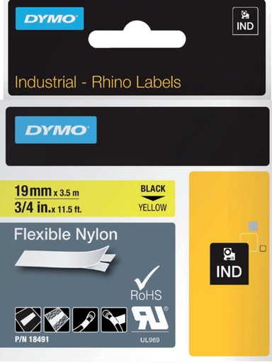 [930882] Labeltape Dymo Rhino industrieel nylon 19mm zwart op geel