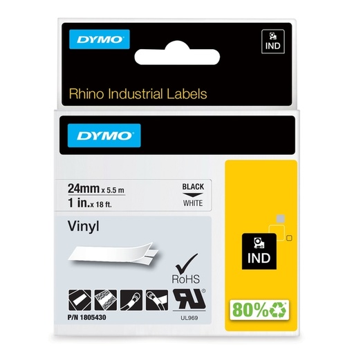 [930287] Ruban Dymo Rhino Industriel vinyle 24mmx5,5m noir sur blanc