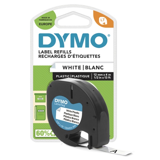 [931170] Ruban Dymo LetraTag plastique 12mmx4m noir sur blanc