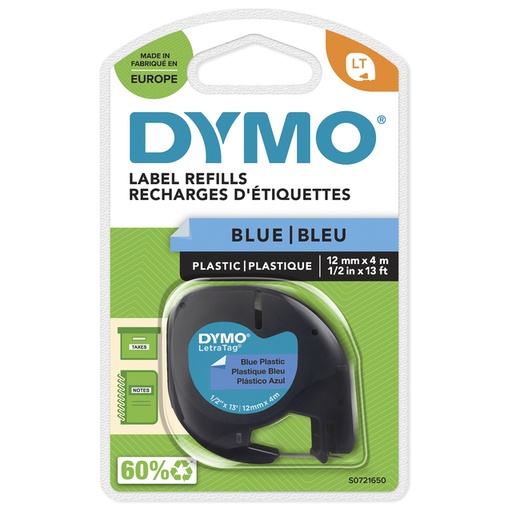 [931173] Ruban Dymo LetraTag plastique 12mmx4m noir sur bleu