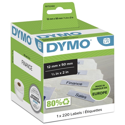 [930180] Etiquette Dymo LabelWriter carte nom dossier susp 12x50mm rouleau 220 pièces blanc