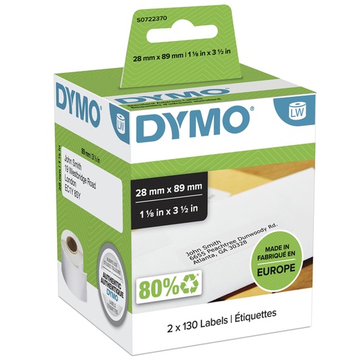 [817208] Etiket Dymo LabelWriter adressering 28x89mm 2 rollen á 130 stuks wit