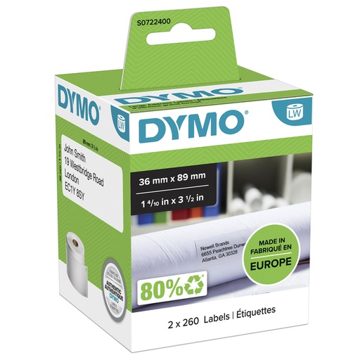 [817209] Etiquette adresse Dymo LabelWriter 36x89mm 24 rouleaux x 260 pcs blanc