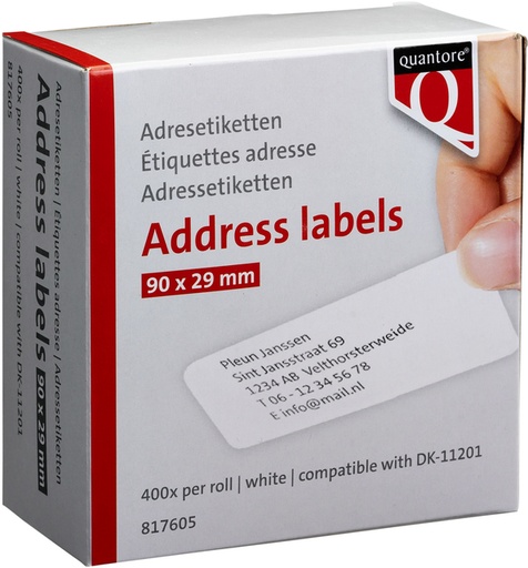 [817605] Labeletiket Quantore DK-11201 29x90mm adres wit 400 stuks