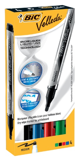 [630595] Viltstift Bic Velleda liquid whiteboard rond medium assorti doos à 4 stuks