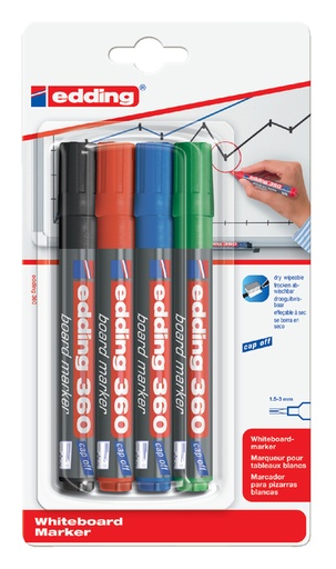 [630249] Whiteboardmarker edding 360 rond 1.5-3mm assorti blister à 4 stuks