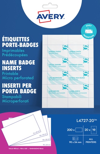 [811173] Insert pour badge Avery L4727-20 54x90mm micro perforation 20 feuilles