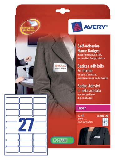 [811139] Badge adhésif Avery L4784-20 63,5x29,6mm 540 pièces