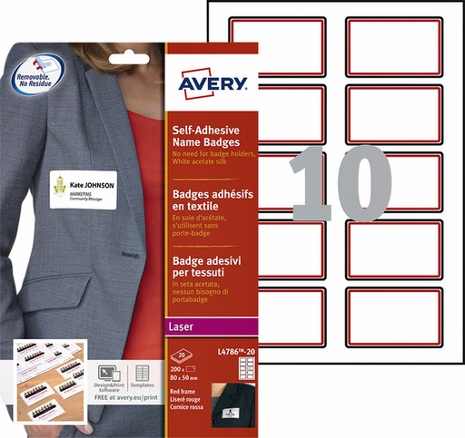 [811130] Badge adhésif Avery L4786-20 80x50mm cadre rouge 200 pièces