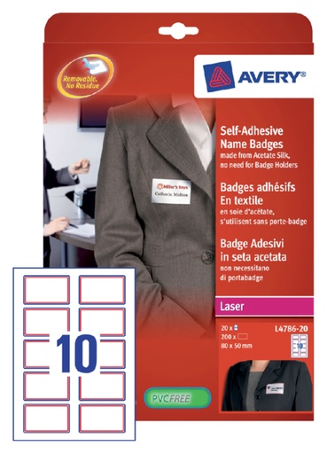 [811130] Badge adhésif Avery L4786-20 80x50mm cadre rouge 200 pièces