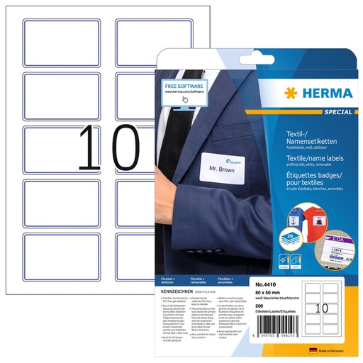 [810997] Etiquette badge HERMA 4410 80x50mm blanc bleu 200 pièces
