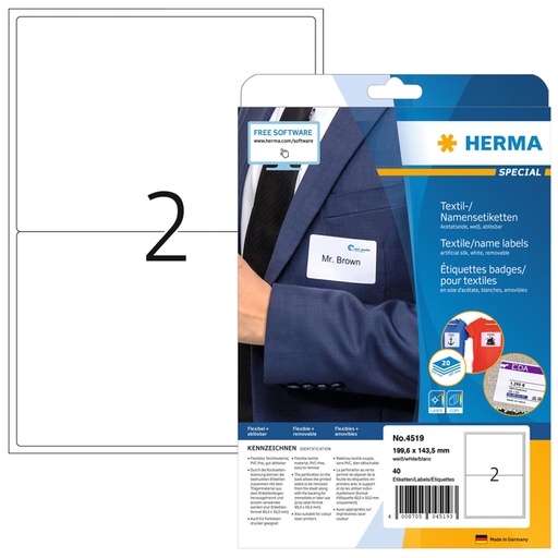 [817024] Etiquette badge HERMA 4519 199,6x143,5mm blanc 40 pièces