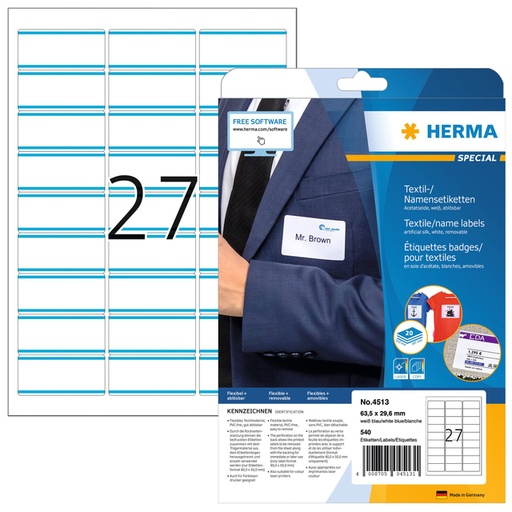 [817021] Etiquette badge HERMA 41513 63,5x29,6mm blanc/bleu 540 pièces