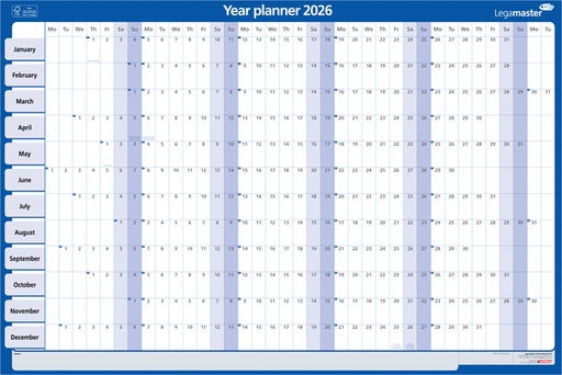 [900975] Jaarplanner 2026 Legamaster 90x60cm horizontaal gelamineerd en oprolbaar Engelstalig