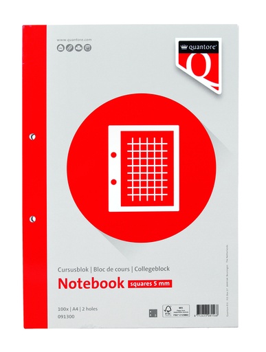 [091300] Bloc de cours Quantore A4 80g carreau 5mm 200 pages 80g + marge