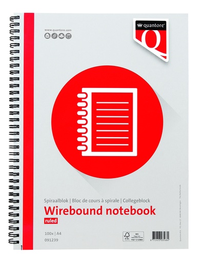[091239] Bloc-notes Quantore A4 ligné spirale latérale 100 feuilles 70g