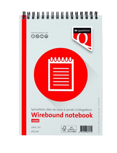 [091240] Bloc-notes Quantore A5 ligné spirale 100 feuilles 70g