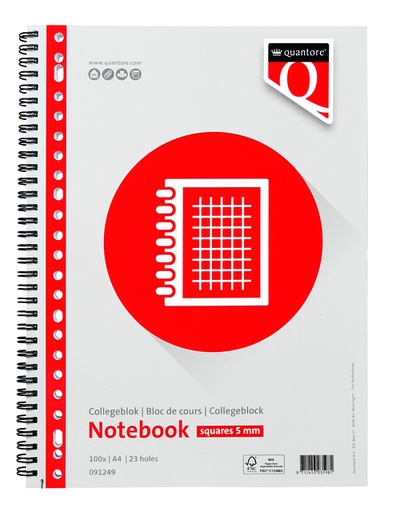 [091249] Bloc de cours Quantore A4 23 perforations carreaux 5mm 200 pages 70g