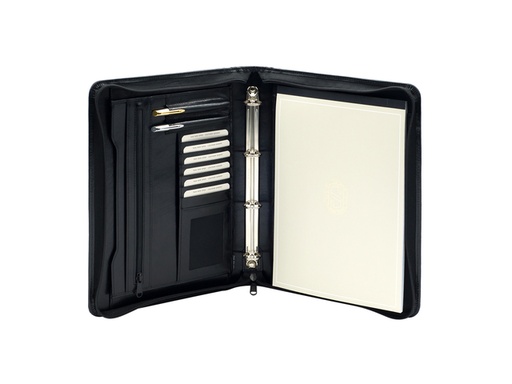 [513071] Schrijfmap van der Spek A4 buffelleer 4-rings 25mm O-mech + rits zwart
