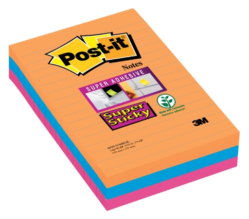 [392404] Bloc-mémos Post-it 4960 Super Sticky 101x152mm ligné Bangkok 3 pièces