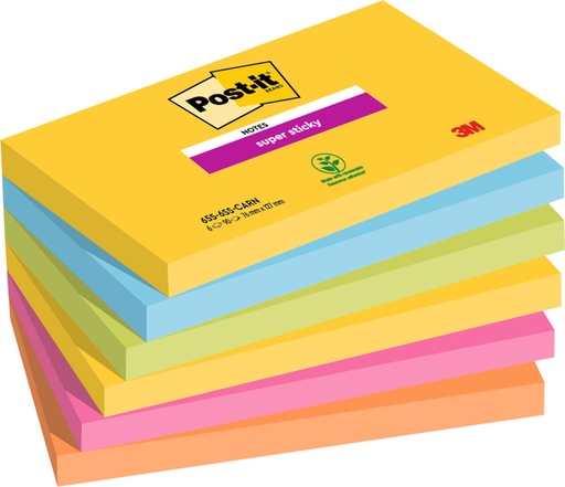 [392708] Bloc-mémos Post-it 655 Super Sticky 76x127mm Carnival 6 pièces