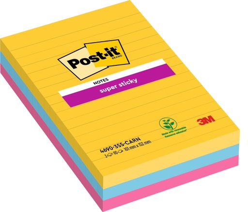 [392418] Bloc-mémos Post-it 4960 Super Sticky 101x152mm ligné Carnival 3 pièces