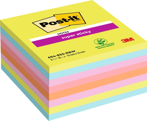[392513] Memoblok Post-it 654 Super Sticky 76x76mm rainbow 8 stuks