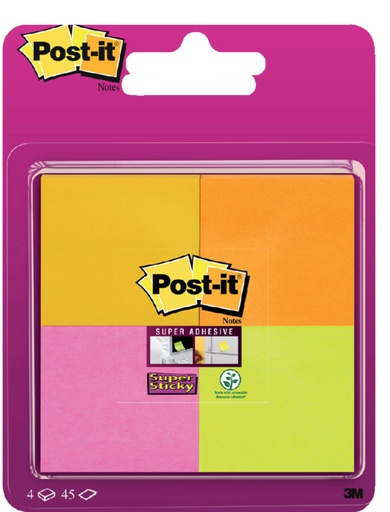 [392438] Memoblok Post-it 6910 Super Sticky 51x51mm assorti 4 stuks