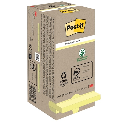 [392478] Memoblok Post-it 654 76x76mm recycled pastel geel 16 stuks