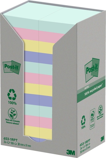 [392474] Bloc-mémos Post-it 653-RPT 38x51mm Arc-en-ciel pastel 24 pièces