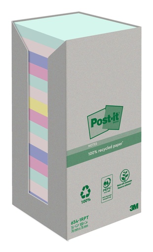 [392475] Bloc-mémos Post-it 654-RTP 76x76mm recyclé Arc-en-ciel pastel 16 pièces