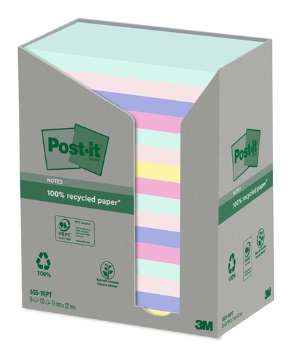 [392476] Memoblok Post-it 655-RPT 76x127mm recycled rainbow pastel 16 stuks